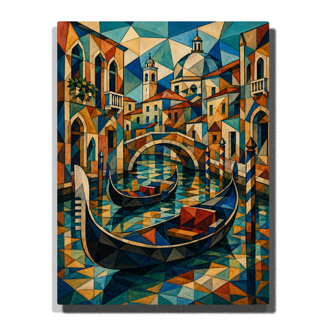 Geometric Venice canal with gondolas, abstract city architecture, arched bridge, colorful reflections and Picasso inspired modern artwork Paint by Numbers by PaintEasy
