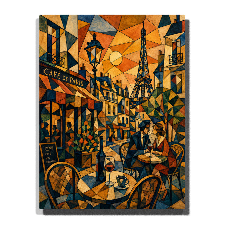 Geometric Paris cafe street with Eiffel Tower, outdoor tables, street lamps, abstract buildings and Picasso inspired city artwork Paint by Numbers by PaintEasy