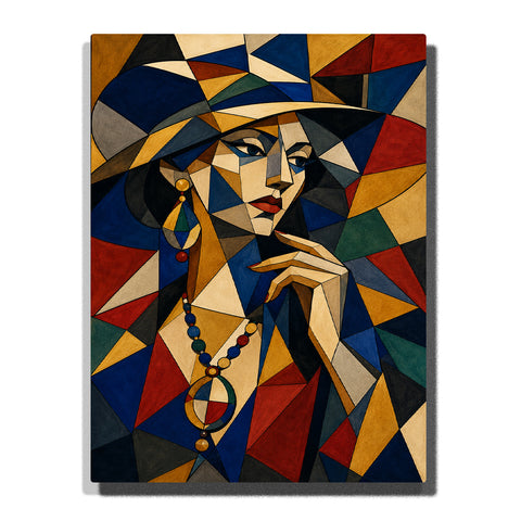 Geometric woman portrait with abstract shapes, cubist inspired design, colorful patterns, jewelry details and modern Picasso style artwork Paint by Numbers by PaintEasy