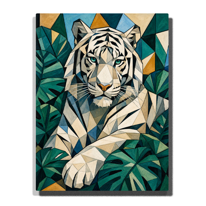 Picasso inspired geometric white tiger portrait with abstract jungle leaves, angular shapes, modern Cubist design and wildlife artwork Paint by Numbers by PaintEasy