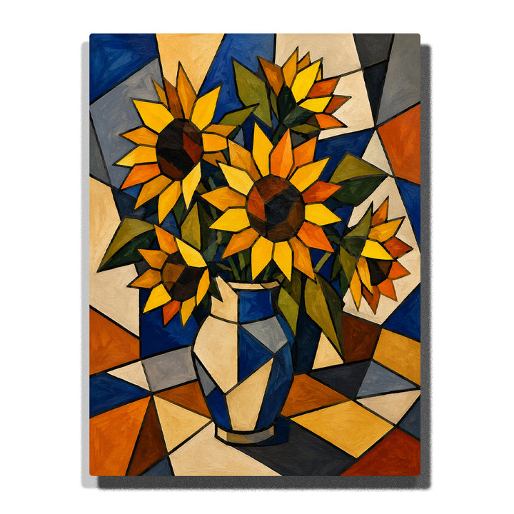 Picasso inspired Cubist sunflower bouquet with geometric vase, abstract floral shapes, colorful patterns and modern floral artwork Paint by Numbers by PaintEasy