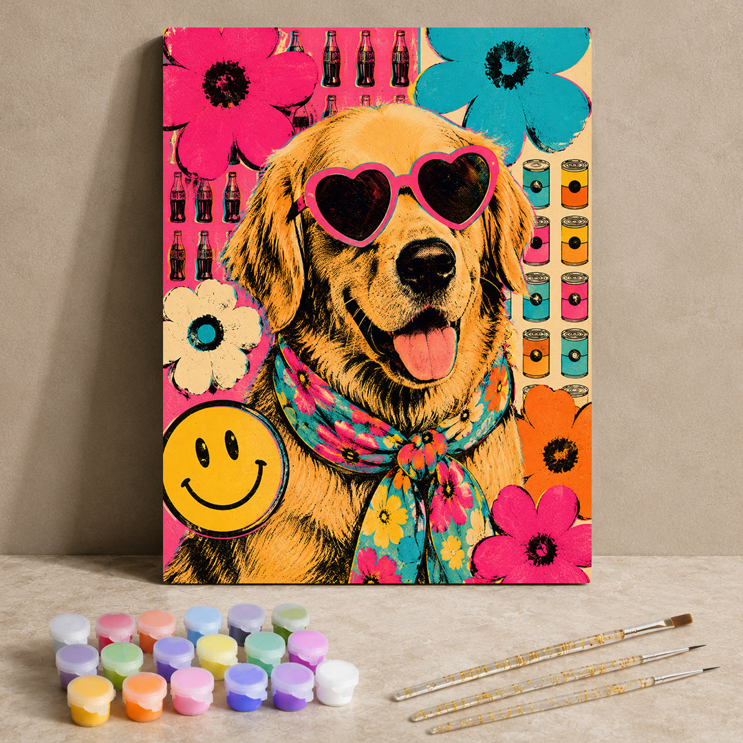 Golden Retriever Portrait with Colorful Flowers and Pop Art Style Andy Warhol Inspired Paint… numbered canvas preview