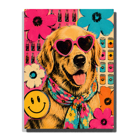 Andy Warhol inspired golden retriever pop art portrait with heart sunglasses, floral scarf, colorful flowers and vibrant background Paint by Numbers wall art