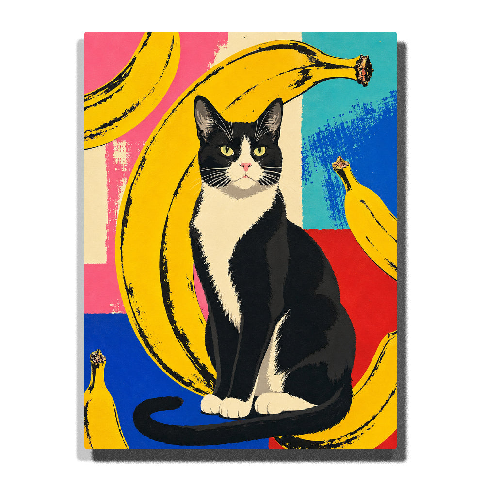 Black and white cat sitting among bold yellow bananas with colorful geometric background, modern pop art animal portrait paint by numbers wall art