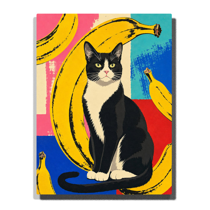 Black and white cat sitting among bold yellow bananas with colorful geometric background, modern pop art animal portrait paint by numbers wall art