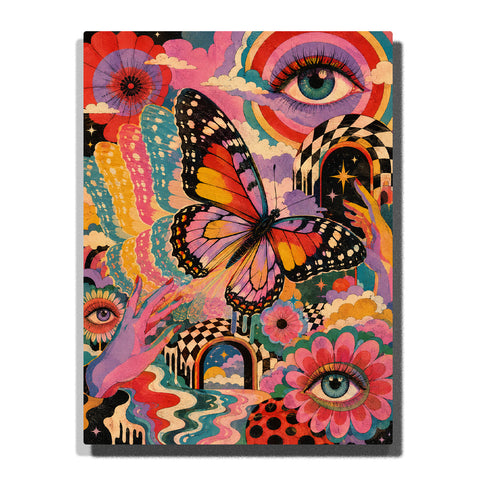 Colorful surreal butterfly with dreamy eyes, flowers, rainbow arches, checkerboard patterns, and psychedelic fantasy elements in vibrant pop art paint by numbers wall art
