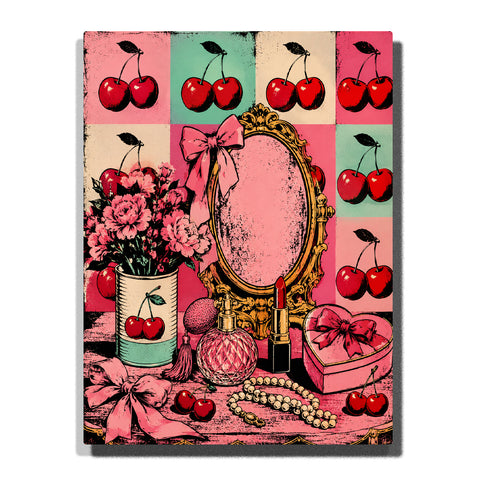 Andy Warhol inspired cherry pop art vanity still life with golden mirror, flowers, perfume bottle, lipstick, jewelry and pink patterned background Paint by Numbers wall art