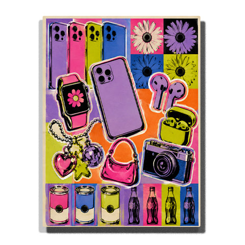 Colorful pop art collage featuring smartphones, smartwatch, earbuds, camera, handbag, perfume bottles, flowers, and fashion accessories in vibrant retro style paint by numbers wall art