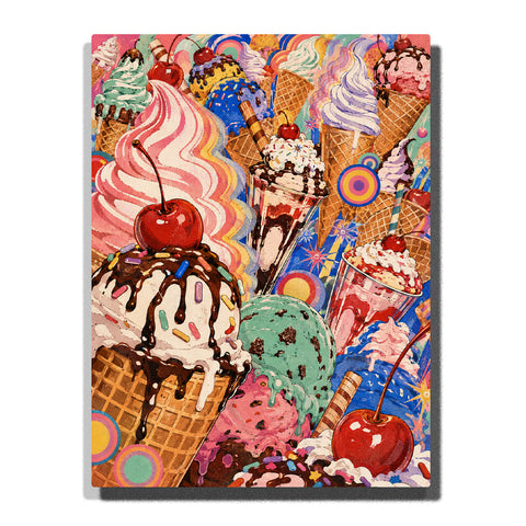 Colorful ice cream cones and dessert treats with cherries, sprinkles, and abstract patterns, vibrant sweet food paint by numbers wall art