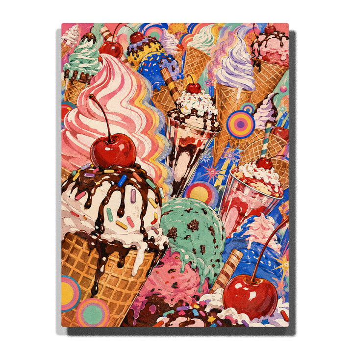 Colorful ice cream cones and dessert treats with cherries, sprinkles, and abstract patterns, vibrant sweet food paint by numbers wall art