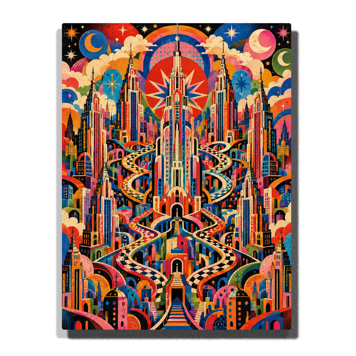 Colorful futuristic city skyline with geometric skyscrapers, winding pathways, cosmic sky, and vibrant retro art style paint by numbers wall art