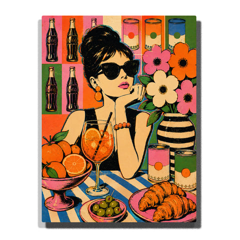 Pop Art woman portrait with sunglasses enjoying cocktail, flowers, citrus fruits, croissant, colorful retro kitchen scene, bold graphic shapes and vintage fashion artwork Paint by Numbers by PaintEasy