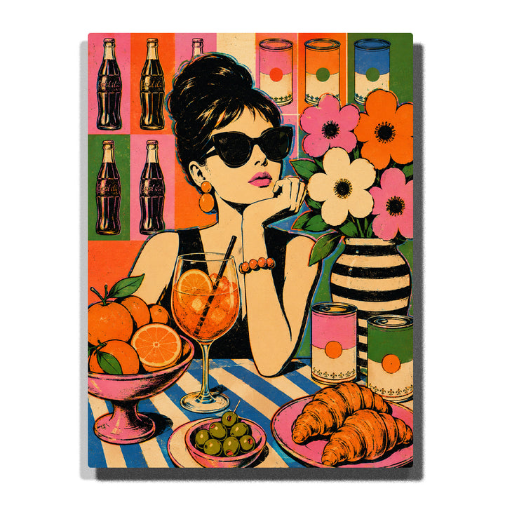 Pop Art woman portrait with sunglasses enjoying cocktail, flowers, citrus fruits, croissant, colorful retro kitchen scene, bold graphic shapes and vintage fashion artwork Paint by Numbers by PaintEasy
