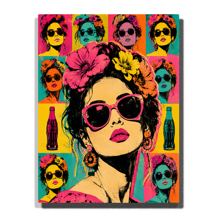 Pop Art woman portrait with sunglasses, colorful floral headpiece, vibrant retro color blocks, repeated fashion faces and bold graphic artwork Paint by Numbers by PaintEasy
