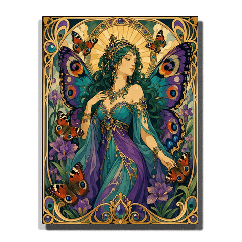 Butterfly Goddess Paint by Numbers For Adults with peacock-inspired teal and purple wings, jeweled crown, flowing hair, butterflies and Art Nouveau details