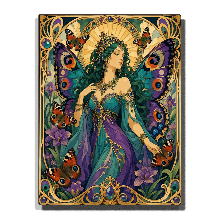 Butterfly Goddess Paint by Numbers For Adults with peacock-inspired teal and purple wings, jeweled crown, flowing hair, butterflies and Art Nouveau details