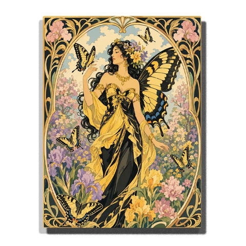 Butterfly Goddess Alphonse Mucha Paint by Numbers For Adults featuring black and gold dress, yellow swallowtail wings, flowing dark hair, irises and colorful flowers