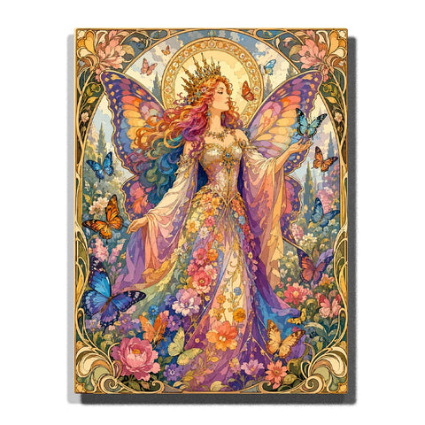 Butterfly Goddess Paint by Numbers For Adults featuring large rainbow wings, golden floral crown, colorful flowing hair, floral gown, butterflies and Art Nouveau details