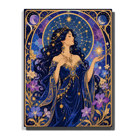 Celestial Star Goddess Paint by Numbers For Adults featuring midnight blue gown, flowing dark hair, golden constellations, crescent moon, glowing stars and purple flowers