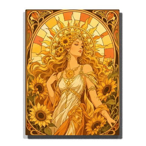 Golden Sun Goddess Alphonse Mucha Paint by Numbers For Adults featuring sunflower crown, radiant solar halo, flowing golden hair, white gold gown and sunflowers
