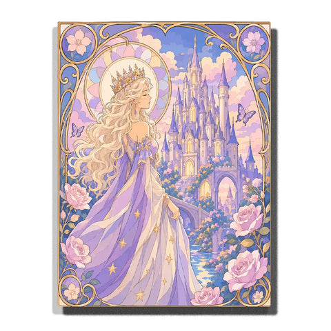 Moonlit Princess Alphonse Mucha Paint by Numbers For Adults featuring flowing blonde hair, lavender star gown, jeweled crown, fairytale castle, pink roses and butterflies