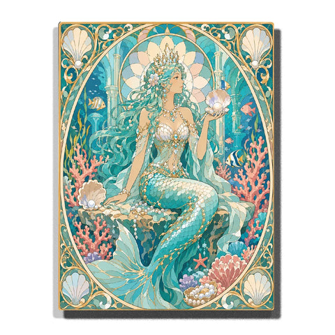 Pearl Mermaid Queen Alphonse Mucha Paint by Numbers For Adults featuring turquoise tail, aqua hair, jeweled crown, luminous pearls, seashells, coral and tropical fish