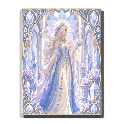 Crystal Palace Queen Alphonse Mucha Paint by Numbers For Adults featuring silver-white hair, diamond crown, blue lotus, jeweled gown and luminous crystal palace