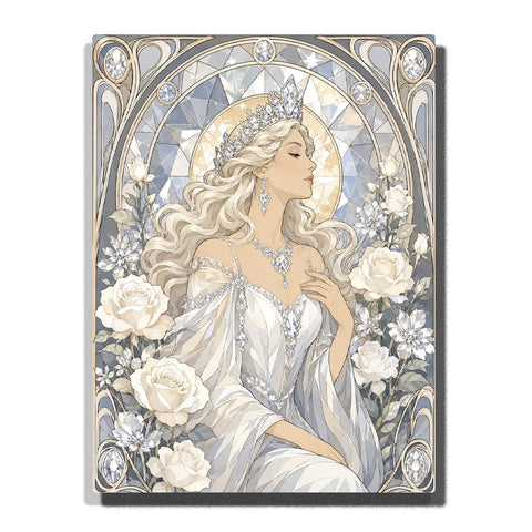 Crystal Queen Paint by Numbers For Adults featuring platinum-blonde hair, diamond crown, sparkling jewelry, white gown, white roses and Art Nouveau crystal details