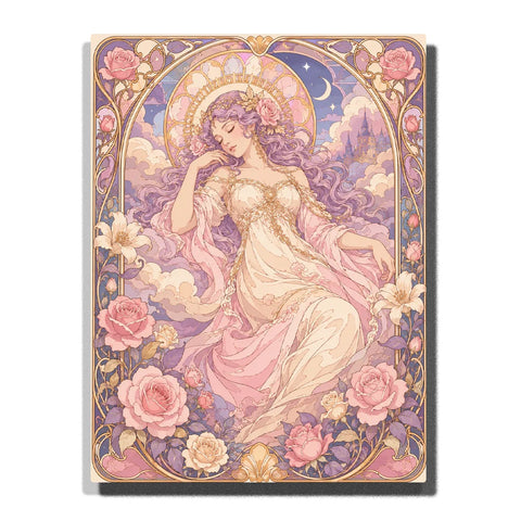 Dreamy Rose Goddess Paint by Numbers For Adults featuring lavender hair, pink roses, ivory gown, crescent moon, clouds and ornate Art Nouveau floral details