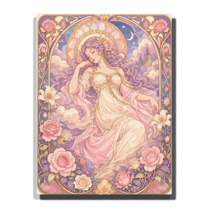Dreamy Rose Goddess Paint by Numbers For Adults featuring lavender hair, pink roses, ivory gown, crescent moon, clouds and ornate Art Nouveau floral details