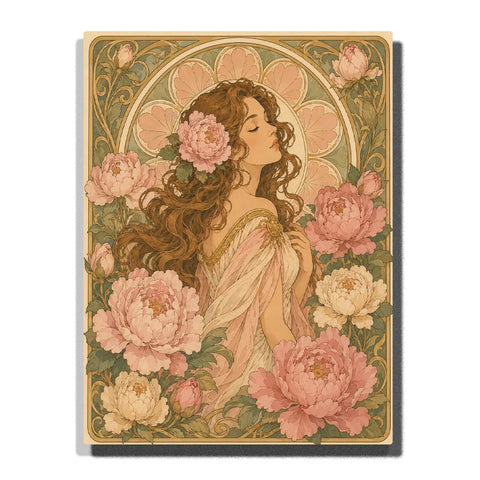 Peony Muse Alphonse Mucha Paint by Numbers For Adults featuring flowing brown hair, blush pink gown, large pink and cream peonies and ornate floral frame