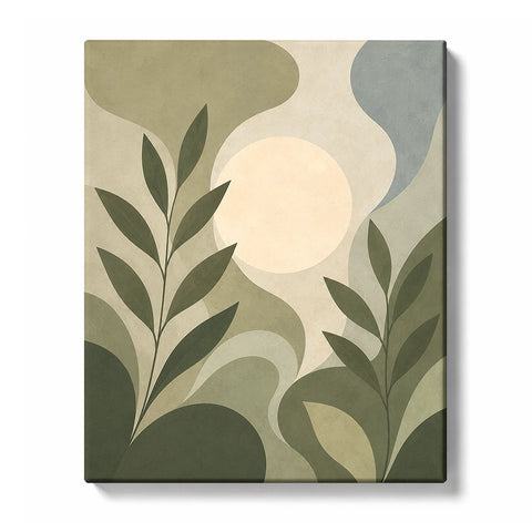 Olive Green Abstract Paint by Numbers for Beginners featuring olive branches and sage shapes under a cream moon