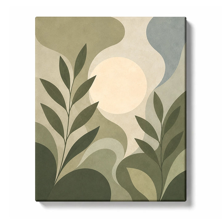 Olive Green Abstract Paint by Numbers for Beginners featuring olive branches and sage shapes under a cream moon