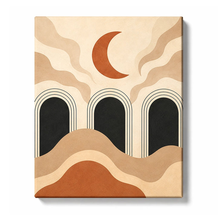 Terracotta Abstract Paint by Numbers for Beginners featuring terracotta dunes beneath black arches and a crescent moon