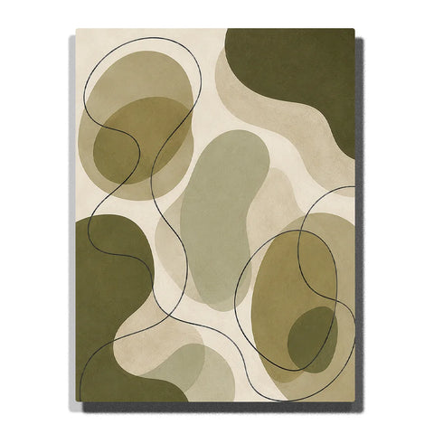 Olive Green Abstract Paint by Numbers for Beginners featuring overlapping sage, khaki and beige organic shapes with flowing black lines on cream background
