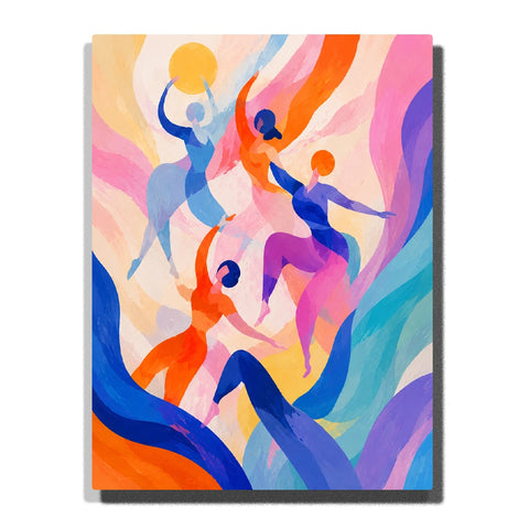 Colorful Abstract Dancing Figures Paint by Numbers for Beginners featuring five expressive dancers surrounded by flowing blue, orange, pink, purple and turquoise shape