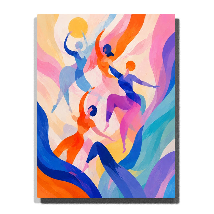 Colorful Abstract Dancing Figures Paint by Numbers for Beginners featuring five expressive dancers surrounded by flowing blue, orange, pink, purple and turquoise shape
