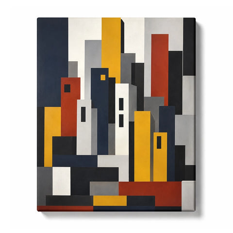 Geometric Abstract Paint by Numbers for Beginners featuring a geometric skyline of striped towers and glowing windows