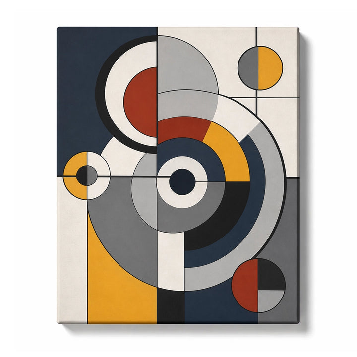 Geometric Abstract Paint by Numbers for Beginners featuring retro circles and orbit rings in grey, mustard and denim