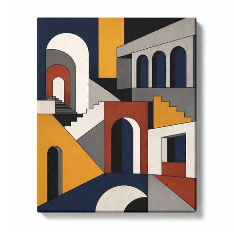 Mediterranean Abstract Paint by Numbers for Beginners featuring sunlit arches, steps and domes in blue, gold and terracotta