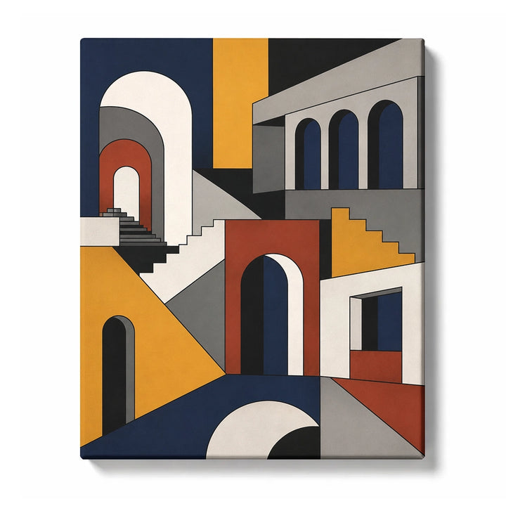 Mediterranean Abstract Paint by Numbers for Beginners featuring sunlit arches, steps and domes in blue, gold and terracotta