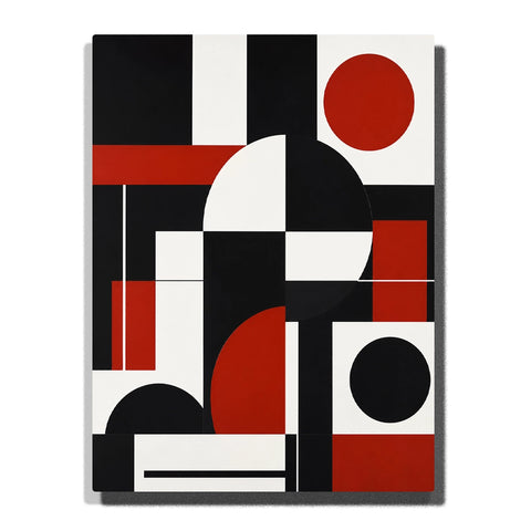 Red Black and White Abstract Paint by Numbers for Beginners featuring bold circles, semicircles, rectangles and geometric blocks in a minimalist composition