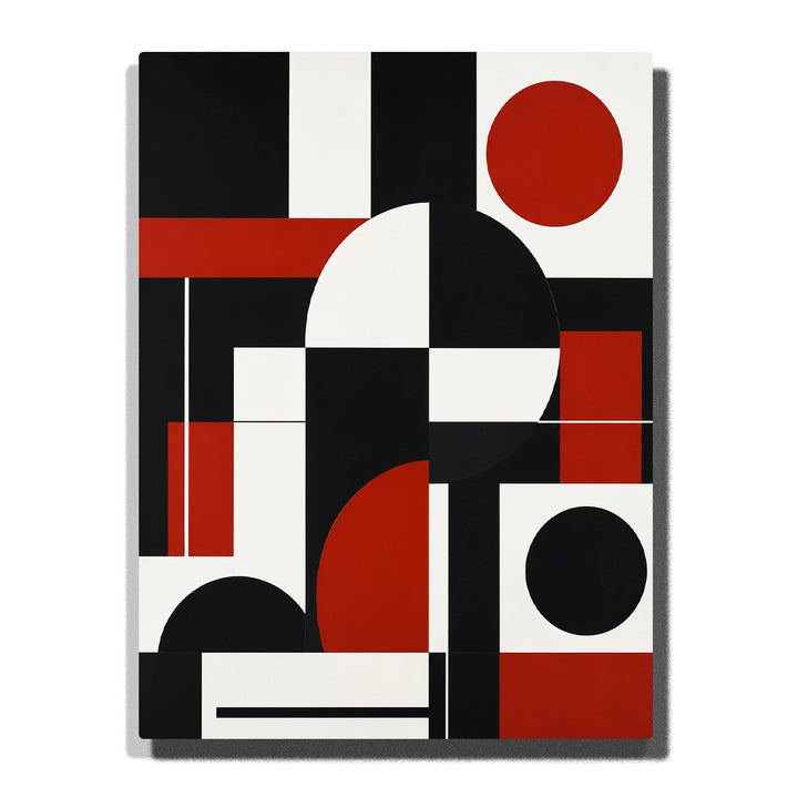 Red Black and White Abstract Paint by Numbers for Beginners featuring bold circles, semicircles, rectangles and geometric blocks in a minimalist composition