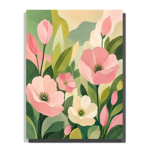 Soft Pink Garden Flowers Paint by Numbers For Beginners featuring blush pink blossoms, flower buds, creamy white flower and layered green leaves