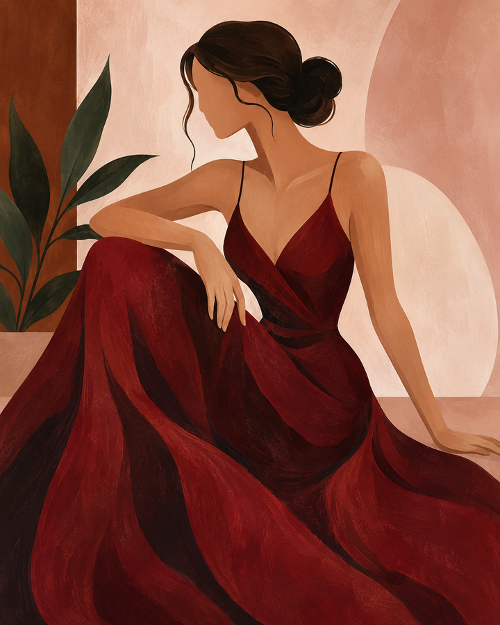 Modern Muse in a Crimson Gown - numbered canvas preview