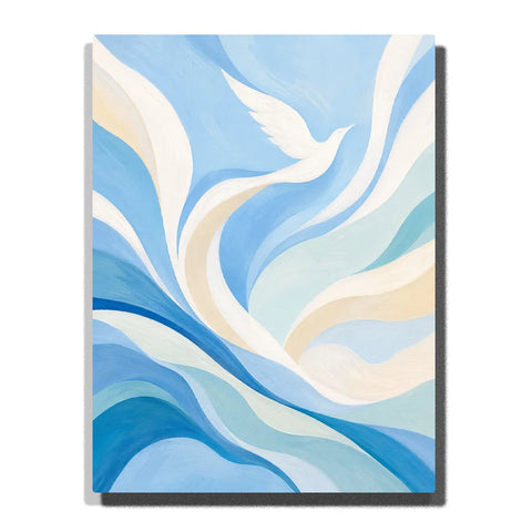 White Dove Abstract Paint by Numbers For Beginners featuring flying bird surrounded by flowing sky blue, aqua, cream and white wave-like shapes