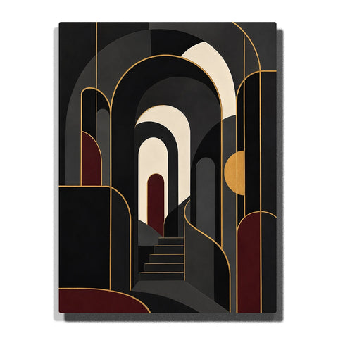 Black and Gold Art Deco Paint by Numbers for Beginners featuring repeating geometric arches, ivory passageways, burgundy accents, central staircase and gold outlines