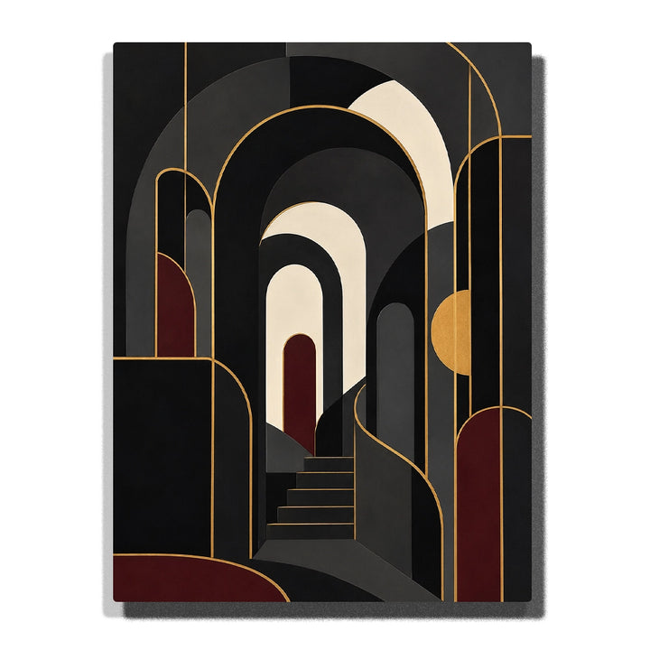 Black and Gold Art Deco Paint by Numbers for Beginners featuring repeating geometric arches, ivory passageways, burgundy accents, central staircase and gold outlines