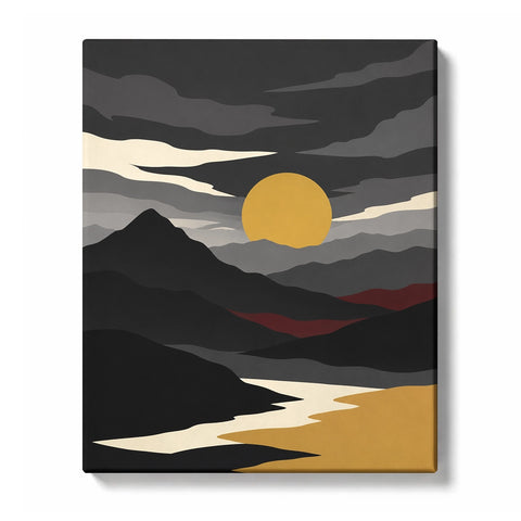 Minimalist Abstract Paint by Numbers for Beginners featuring a golden sun resting on dusk mountains beneath clouds