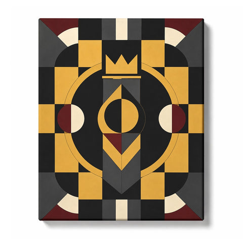 Geometric Abstract Paint by Numbers for Beginners featuring a regal emblem of gold and grey geometry with a crown